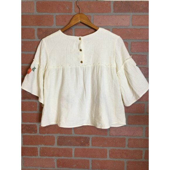 Hundred Pieces Women's Embroidered Floral Pleated Top Short Sleeve Beige Size XS - Picture 5 of 10